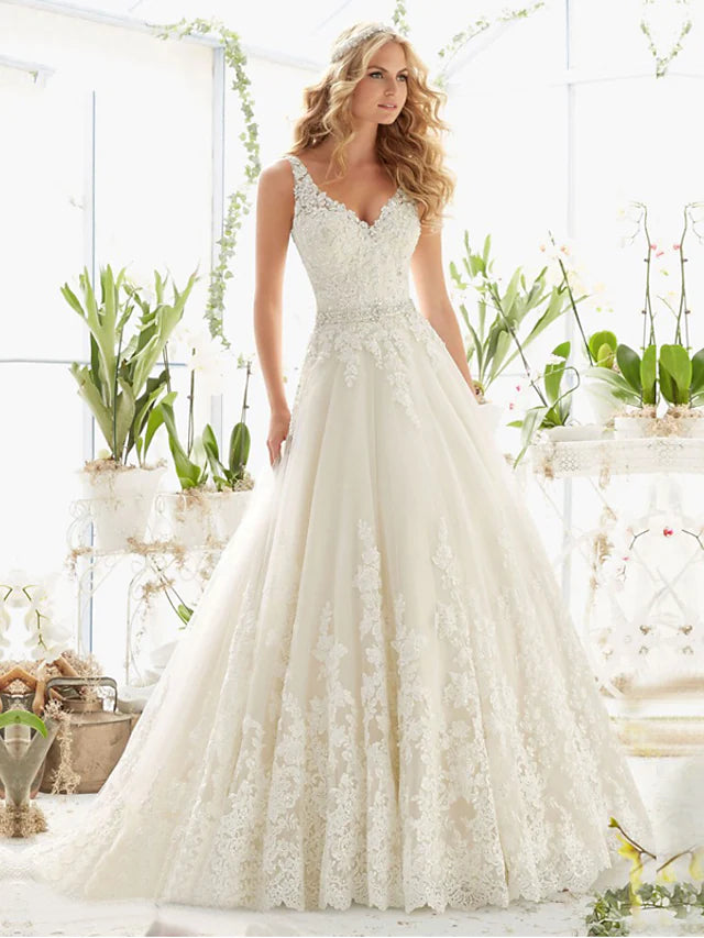Unbeatable Prices Open Back Sexy Formal Wedding Dresses Court A-Line Regular Straps V Neck Lace