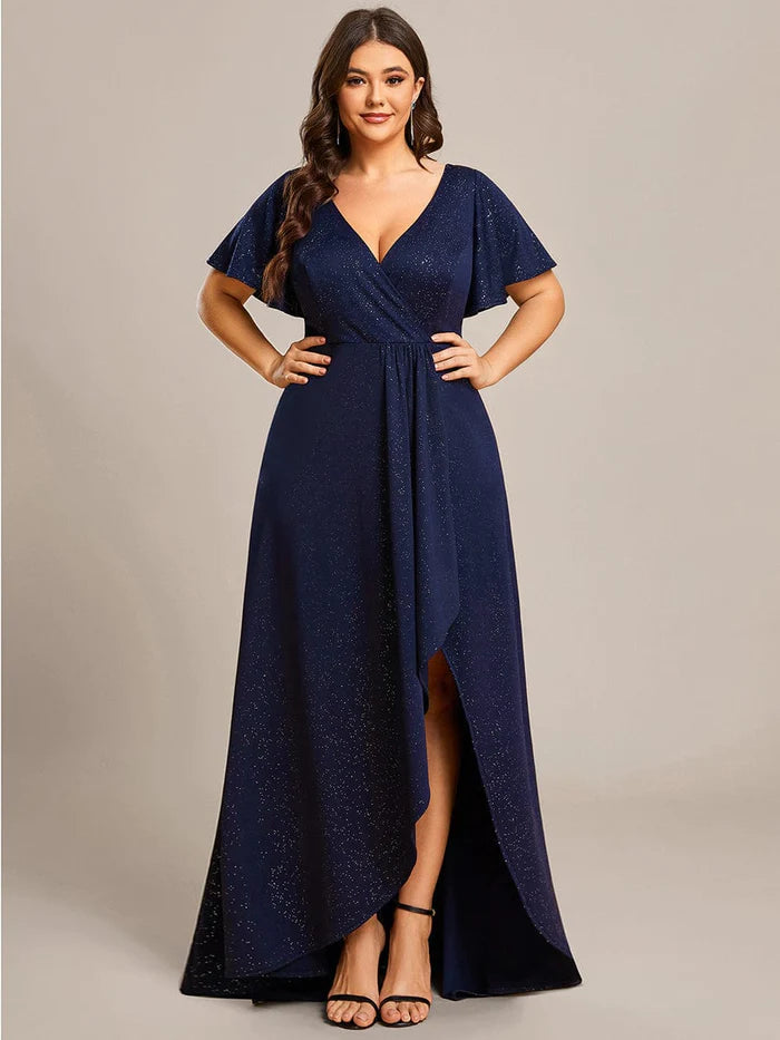 Big Discounts Plus Size Glittering High-Low Evening Dress with Flutter Sleeves