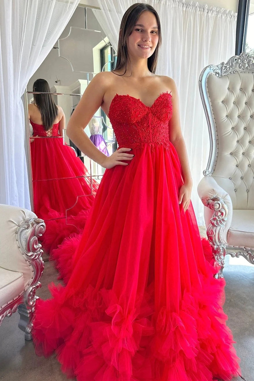 Stock Clearance Red Tulle Appliques Sweetheart Ruffle Long Prom Dress
