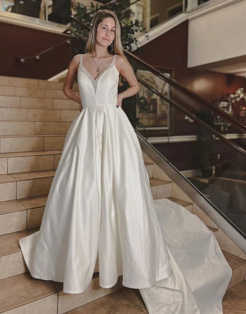 Act Fast A-line V-Neck Chapel Train Satin Wedding Dress With Beading