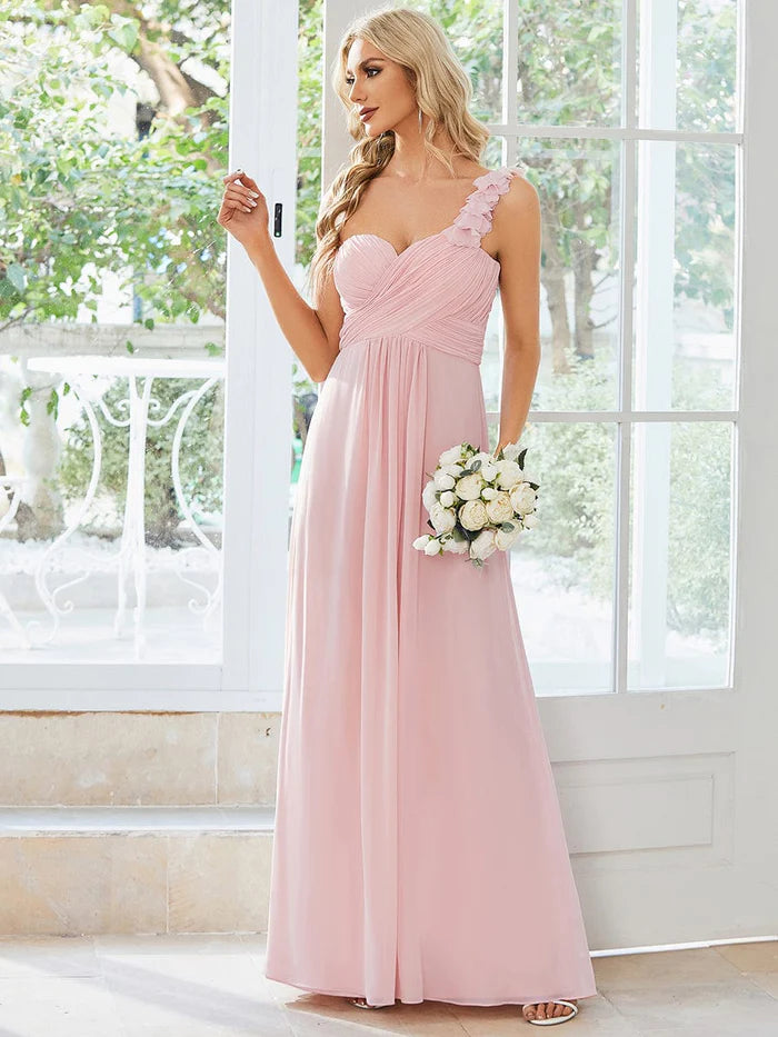 Price Break Sweet Pleated Bodice One Shoulder Chiffon Bridesmaid Dress