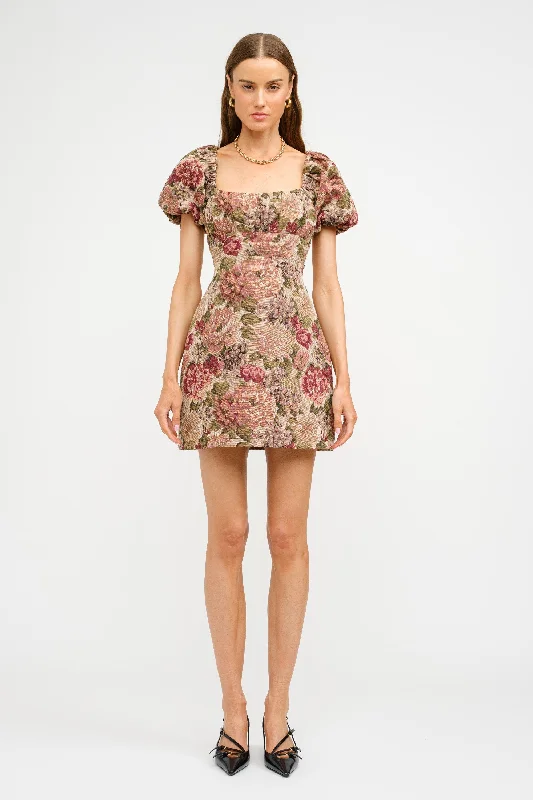 Bonus Savings Floral Jacquard Puff Sleeve Dress