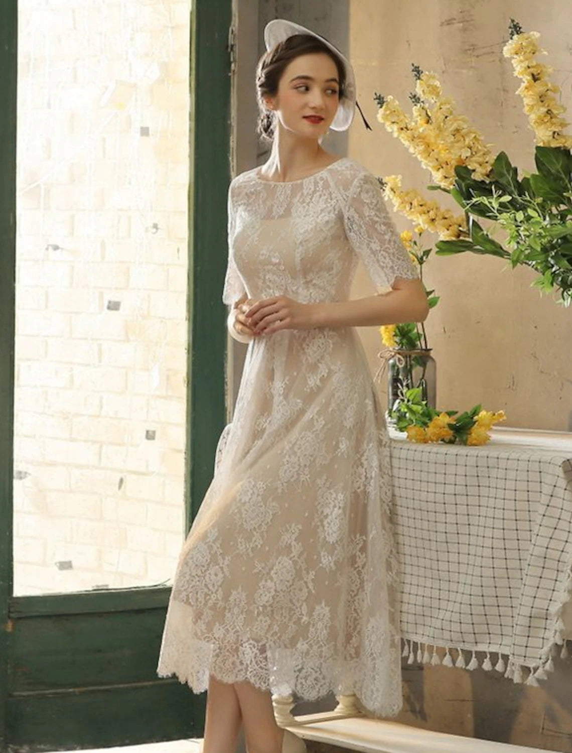 Mega Sale Reception Fall Wedding Dresses Little White Dresses in Color A-Line Illusion Neck Half Sleeve Tea Length Lace Bridal Gowns With Sash / Ribbon Appliques Summer Party
