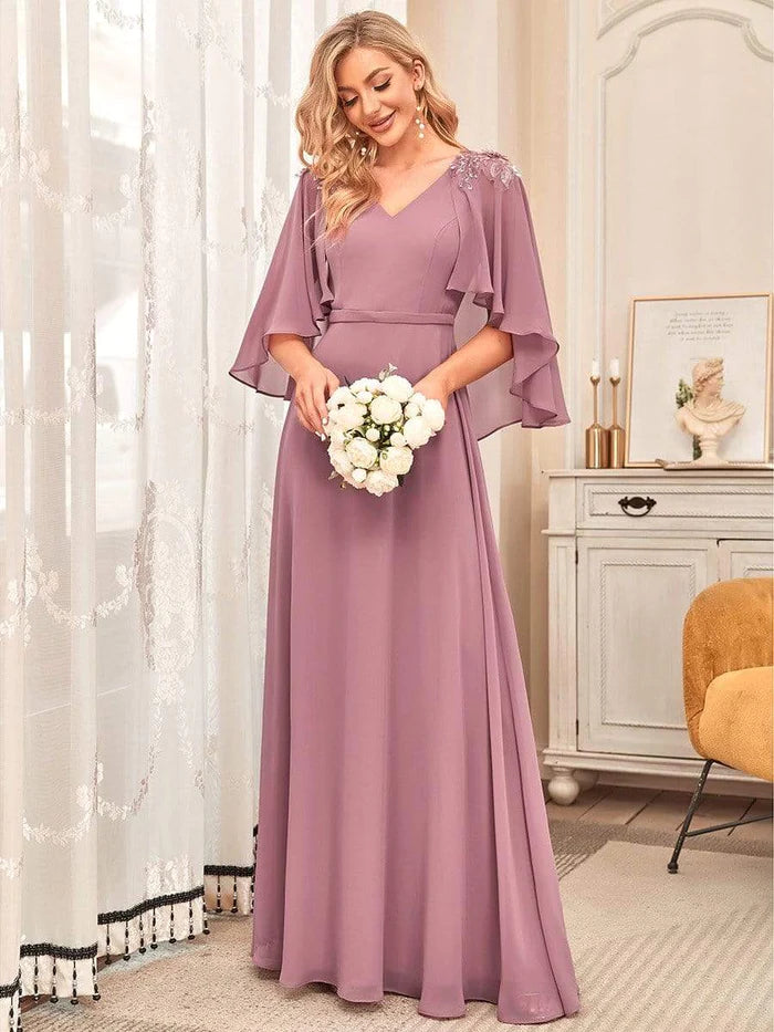 Year-End Clearance Elegant V Neck Flowy Chiffon Bridesmaid Dresses with Wraps