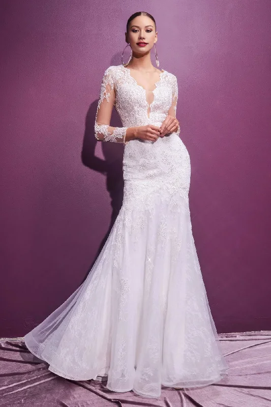 Discount Deals Elegant Lace Long Sleeve Wedding Dress Sequins Long Sleeves V-Neck Gown