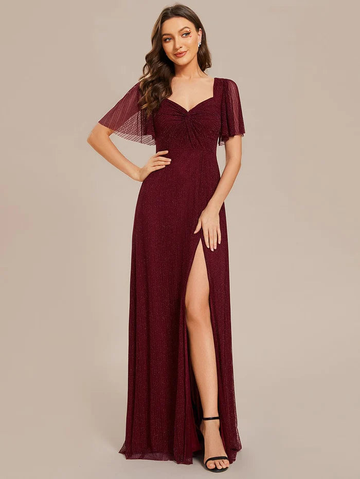 Clearance Sale Glittery A-Line High Slit Elastic Waist Short Sleeves Back Lace-Up Bridesmaid Dress