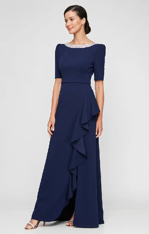 Incredible Offers Long Embellished Neck Stretch Crepe Dress with Elbow Sleeves & Cascade Detail Skirt