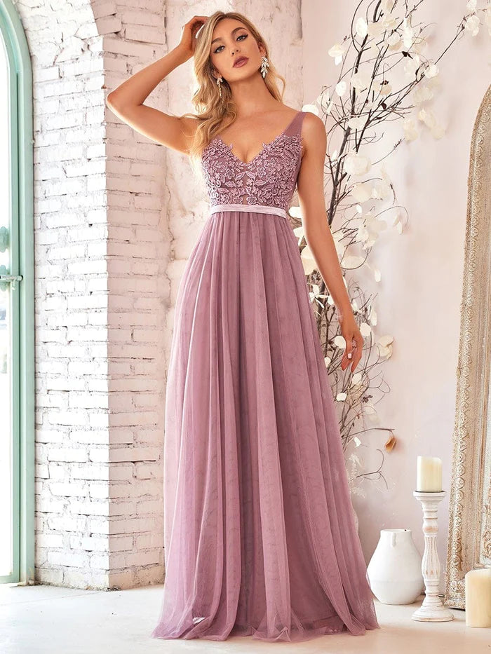 Clearance Sale Women's A-Line V-Neck Floral Lace Appliques Bridesmaid Dress