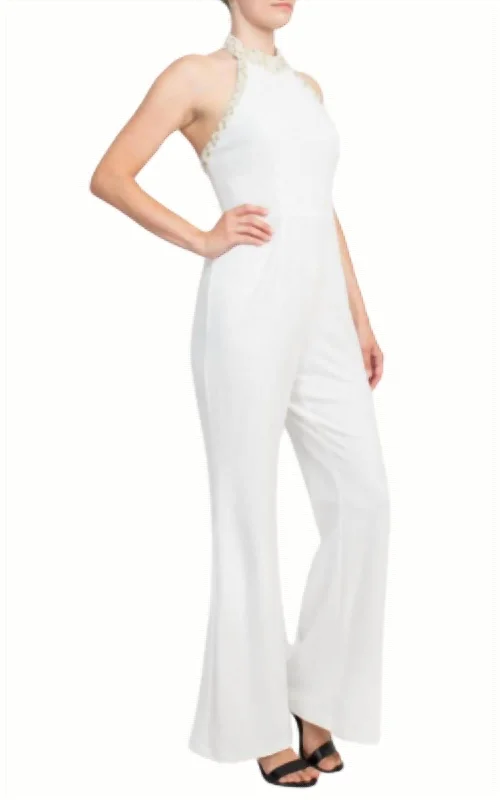 High Halter Pearl Trimmed Jumpsuit In Ivory