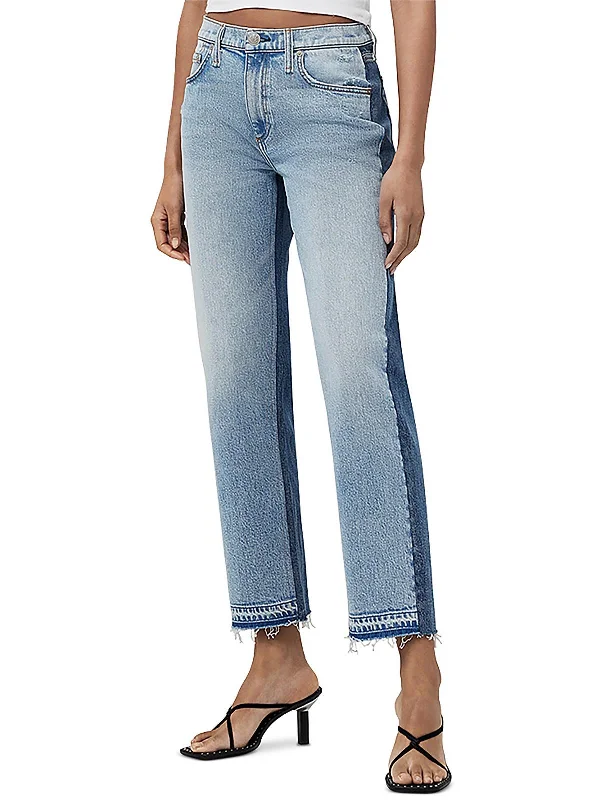 Womens High Rise Two Tone Straight Leg Jeans