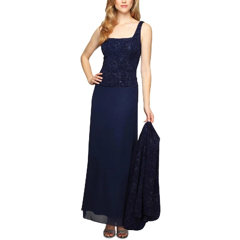 Alex Evenings Womens Lace Glitter Evening Dress