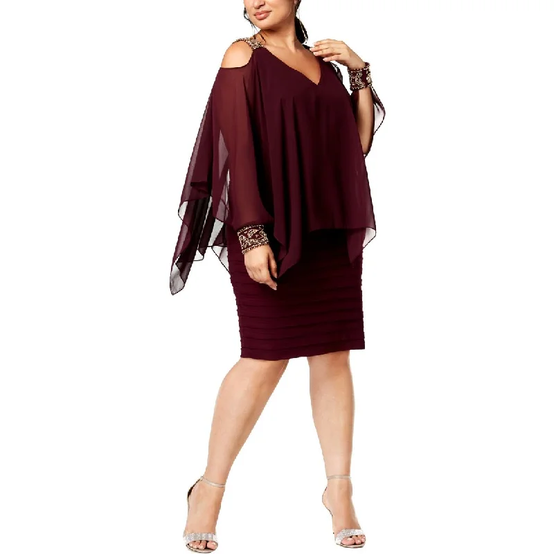 Betsy & Adam Womens Plus Cld Shoulder Embellished Capelet Dress