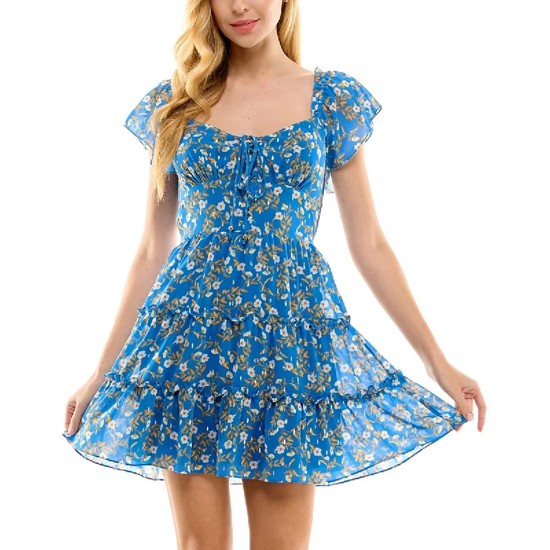 City Studios Womens Juniors Mini Floral Print Fit & Flare Dress