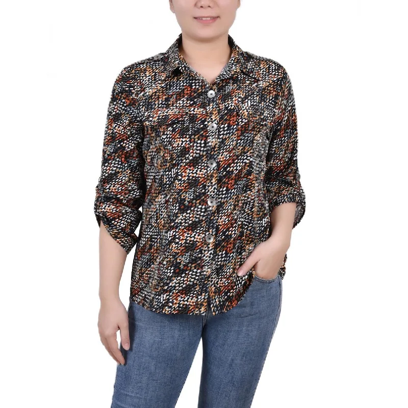 NY Collection Womens Petites Collar Three Quarter Sleeve Button-Down Top