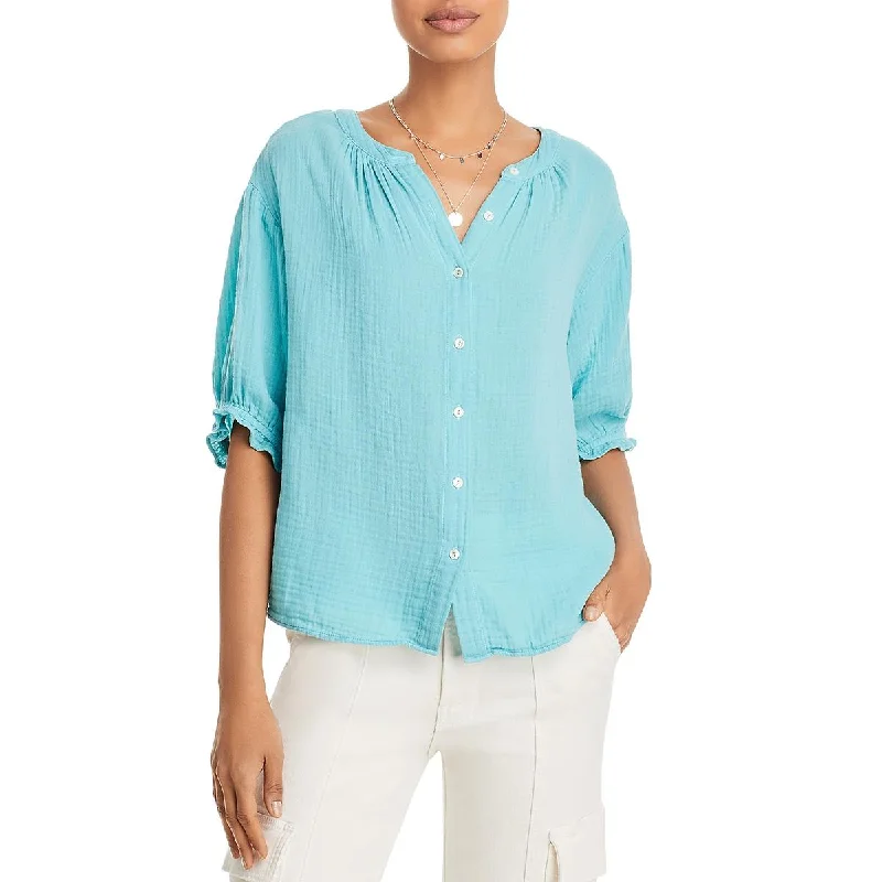 VELVET BY GRAHAM & SPENCER Womens 100% Cotton Elbow Sleeves Button-Down Top